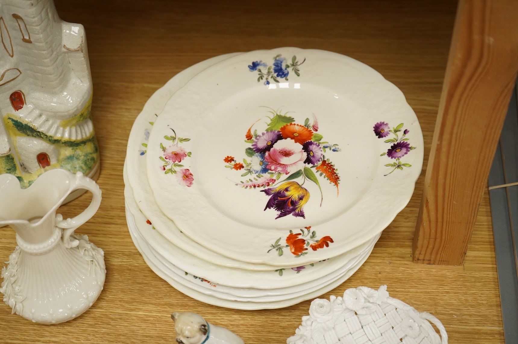 A set of six early 19th century English porcelain plates, impressed anchor mark, Belleek ewer, and other items (15)